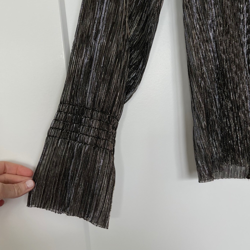 L'AGENCE Paola Blouse XS Gold Black Metallic Sheer Pleated Mock Neck Sexy Chic - Picture 7 of 16